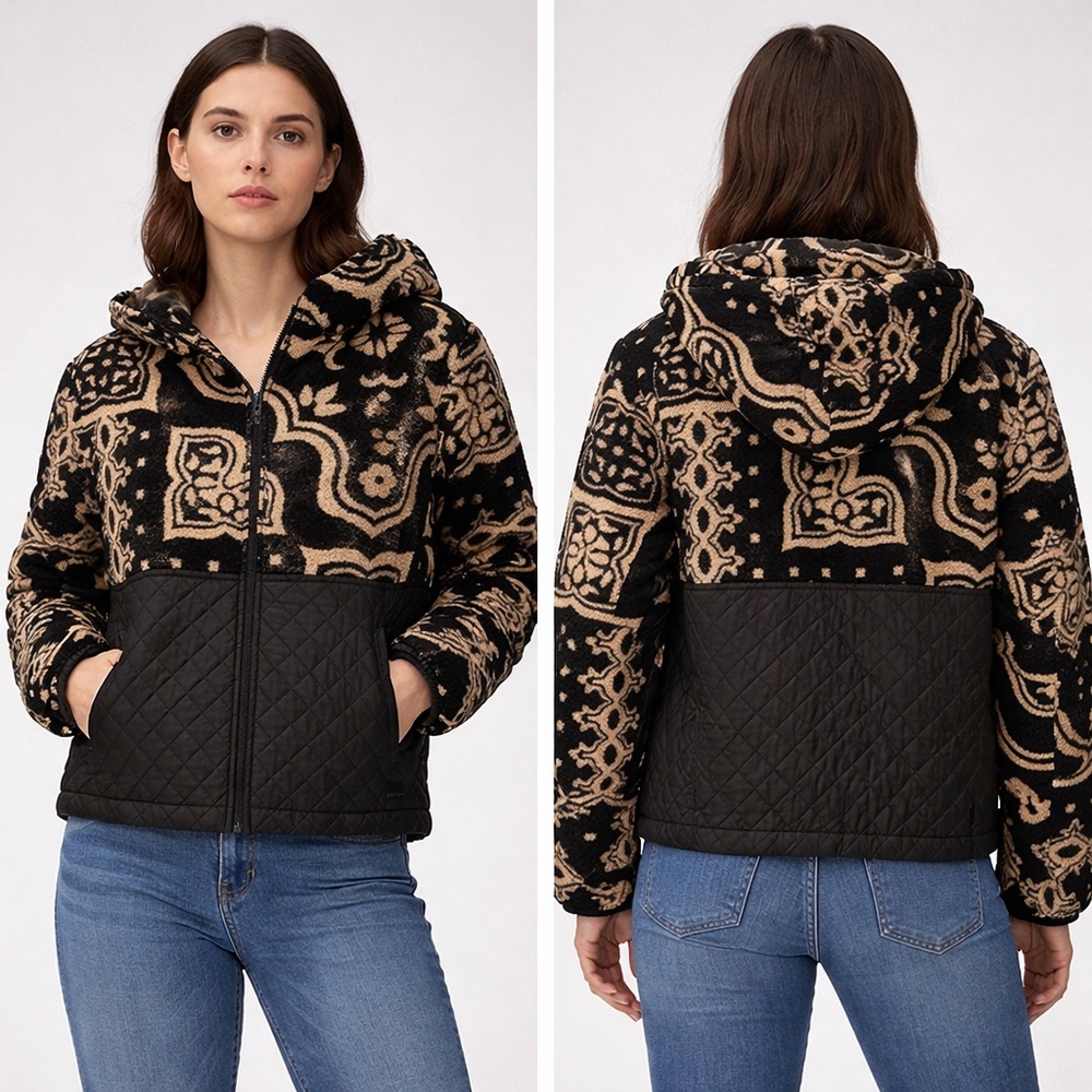 Spyder NWT Womens Black Beige Sherpa Patterned Quilted Puffer Jacket Zip Front